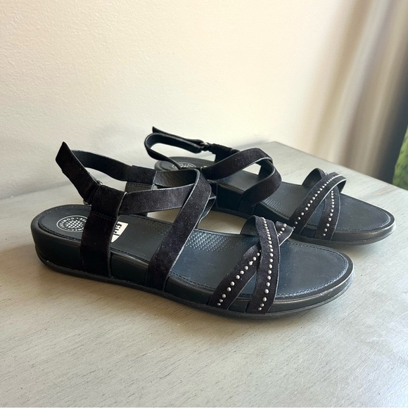 FitFlop Lumy Women Black Strappy Suede Studded Wedge Sandals Sz 8 Comfort - Picture 10 of 14